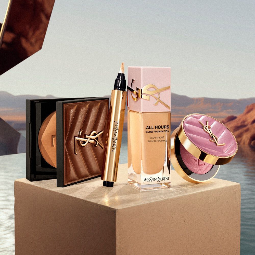 YSL makeup products displayed on a pedestal