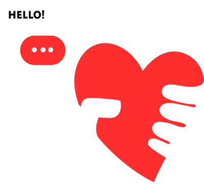 Red heart icon being gripped by a dark hand with "HELLO!" and "..." speech bubbles.