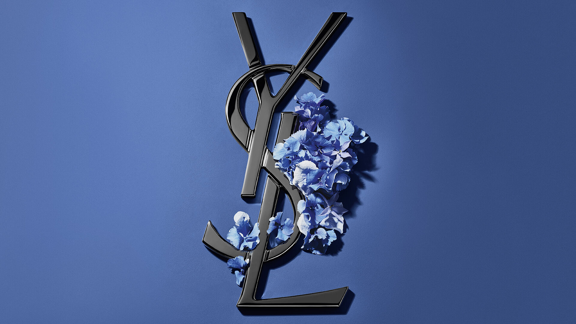 Blue YSL gift box surrounded by blue hydrangeas on a blue background.