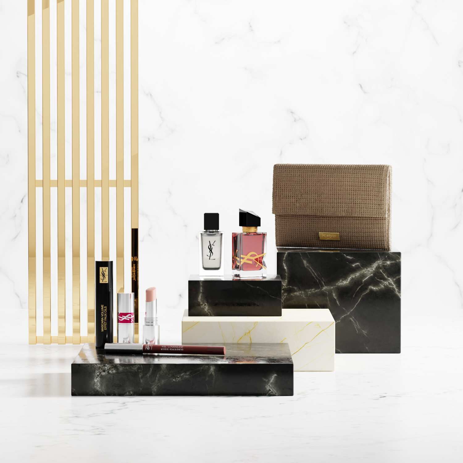 YSL beauty products on luxury marble plinths.​