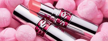 YSL pink lipstick on pink candies