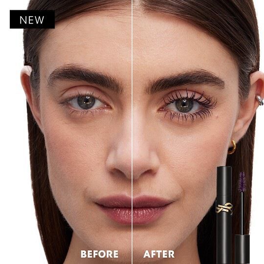 Split-face comparison showing natural lashes on the left ("BEFORE") and long, voluminous lashes with black mascara on the right ("AFTER").