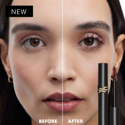 Split-face comparison showing natural lashes on the left ("BEFORE") and volumized lashes with burgundy mascara on the right ("AFTER").
