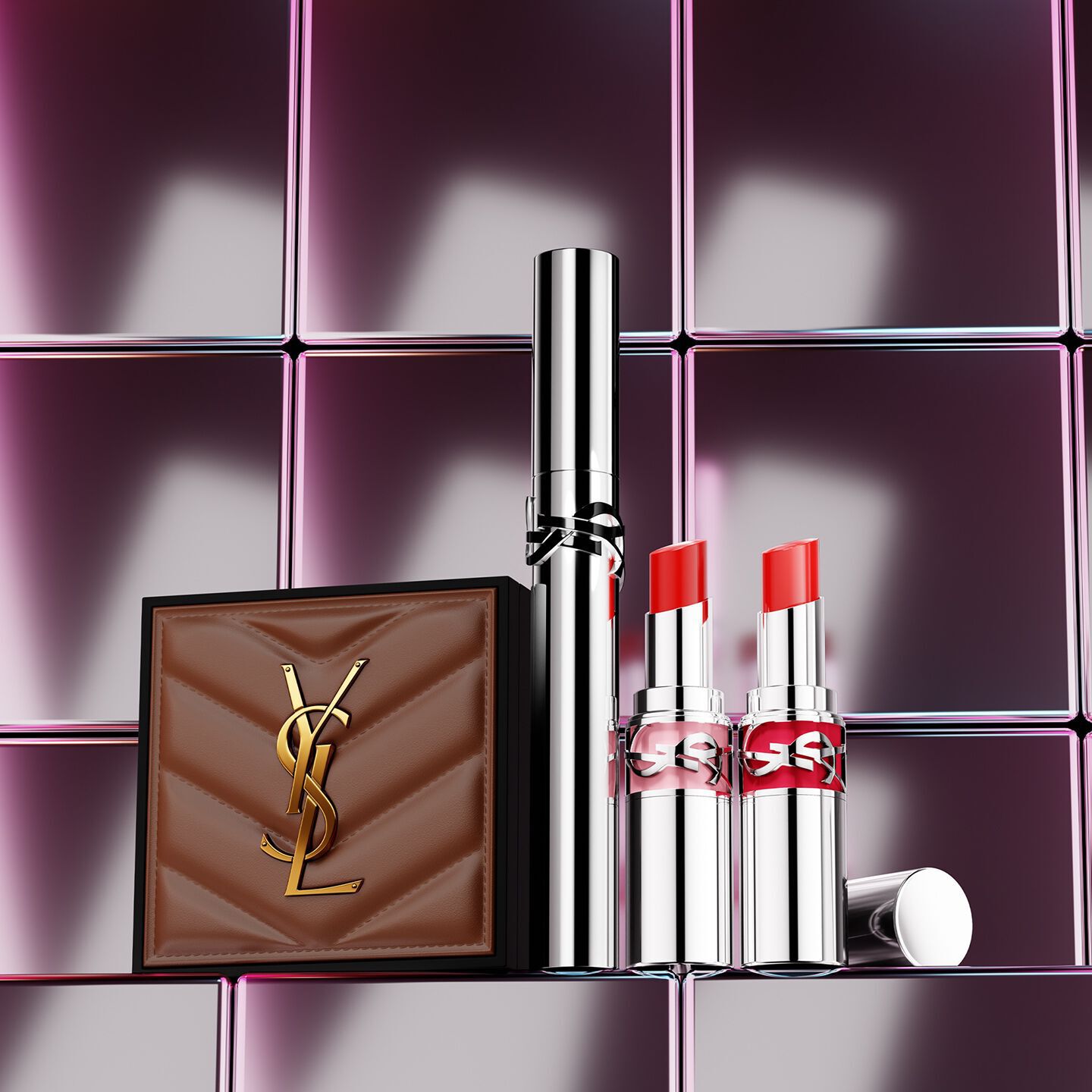 YSL makeup products displayed on a pedestal