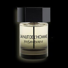 A sleek bottle of "La Nuit de L'Homme" perfume by Yves Saint Laurent, featuring a dark cap and an elegant, minimalist design against a black background.