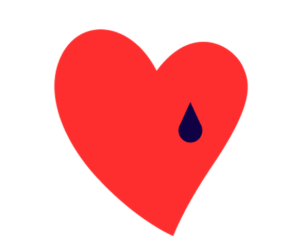 Red heart icon with a dark blue tear-drop on a white background.
