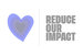 A stylized heart in shades of blue-purple layers and the gray message "REDUCE OUR IMPACT", separated by a line, on a white background.