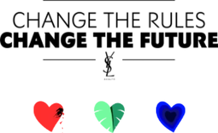 Graphic featuring the text "Change the Rules, Change the Future" in bold black letters, accompanied by three colored icons: a red heart, a green leaf, and a blue heart, with the YSL logo at the bottom.