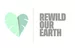 A stylized heart made of two light green leaves and the gray message "REWILD OUR EARTH", separated by a line, on a white background.