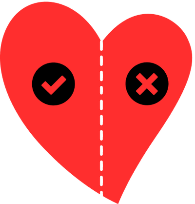Red heart split by a dashed line with check and cross icons.