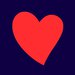 A large, bright red heart, slightly tilted, is centered on a solid dark blue background.