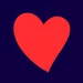 A large, bright red heart, slightly tilted, is centered on a solid dark blue background.