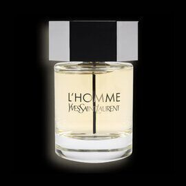 A glass bottle of L'Homme Yves Saint Laurent perfume with a sleek, modern design and a black cap, set against a black background.