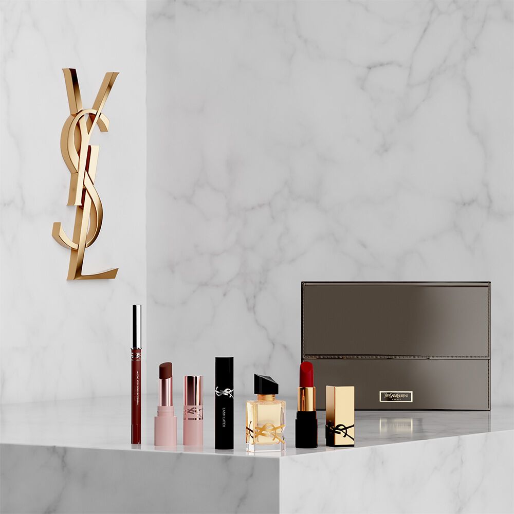 YSL beauty gift set with mini products and pouch.