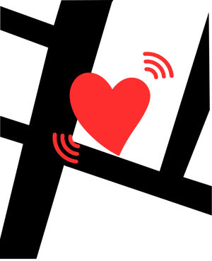 Red heart icon with signal waves on a white background.