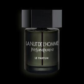 A sleek, dark glass bottle of Yves Saint Laurent's "La Nuit de l'Homme" perfume, featuring a distinctive black cap and elegant label. The background is black, highlighting the bottle's design.
