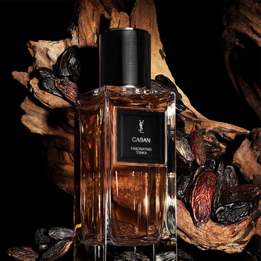 An amber-toned perfume bottle labeled "CABAN FASCINATING TONKA" by YSL, surrounded by tonka beans and a gnarled piece of driftwood.