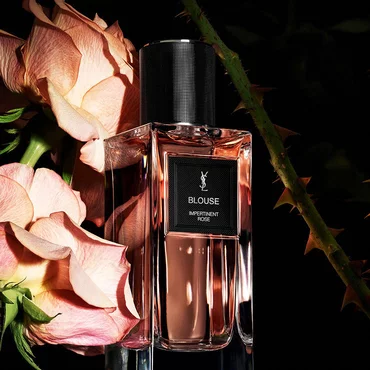 A rectangular perfume bottle labeled "BLOUSE IMPERTINENT ROSE" by YSL, surrounded by soft pink roses and thorny rose stems.