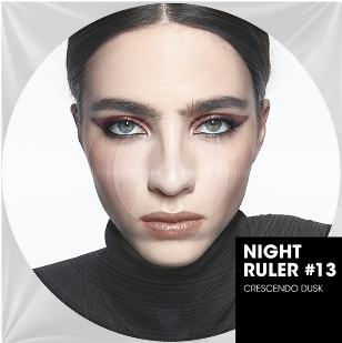 A close-up color portrait of a woman with dark, sleek hair pulled back. Her gaze is intense, enhanced by dramatic eye makeup with burgundy red eyeshadow and graphic black eyeliner. Her lips are a natural, glossy shade. She wears a black turtleneck. In the bottom right of the circular image, a black rectangular overlay displays "NIGHT RULER #13" and "CRESCENDO DUSK," evoking a mysterious and elegant evening ambiance, like a collection title or music track.