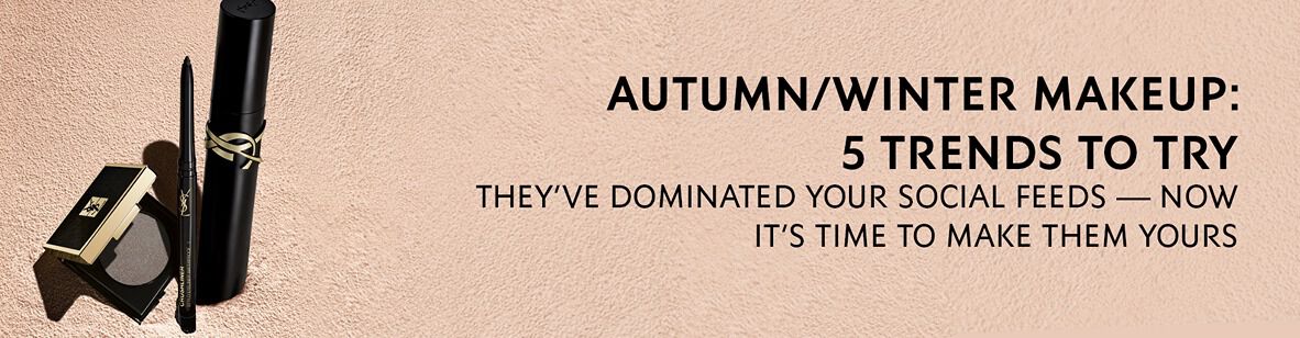 Text promoting autumn/winter makeup trends with a sleek, minimal design featuring a makeup product, emphasizing the latest styles to try.
