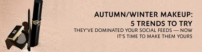 Text promoting autumn/winter makeup trends with a sleek, minimal design featuring a makeup product, emphasizing the latest styles to try.