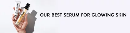 A hand holding two skincare products, one in a tube and the other in a glass bottle, against a light-colored background, with the text "Our best serum for glowing skin" displayed prominently.