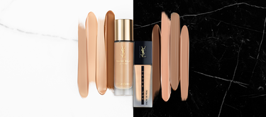 A split image featuring various shades of foundation swatches on two different backgrounds: one side has a marble texture, and the other side has a black marble texture. There are foundation bottles in the center of the image.