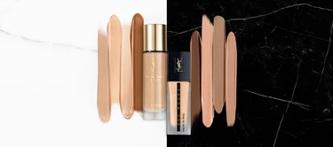 A split image featuring various shades of foundation swatches on two different backgrounds: one side has a marble texture, and the other side has a black marble texture. There are foundation bottles in the center of the image.