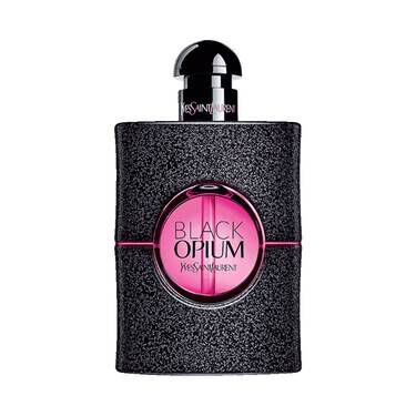 A sleek black perfume bottle with a glittery finish features a circular pink label that reads "BLACK OPIUM" and the name "Yves Saint Laurent." The bottle has a rounded top and an elegant design.