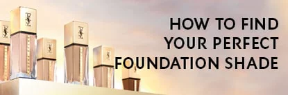 A display of foundation bottles arranged neatly, with a text overlay that reads "How to Find Your Perfect Foundation Shade."