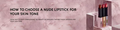 A banner promoting a guide on how to choose a nude lipstick based on skin tone, featuring three lipstick tubes against a pink marble background.