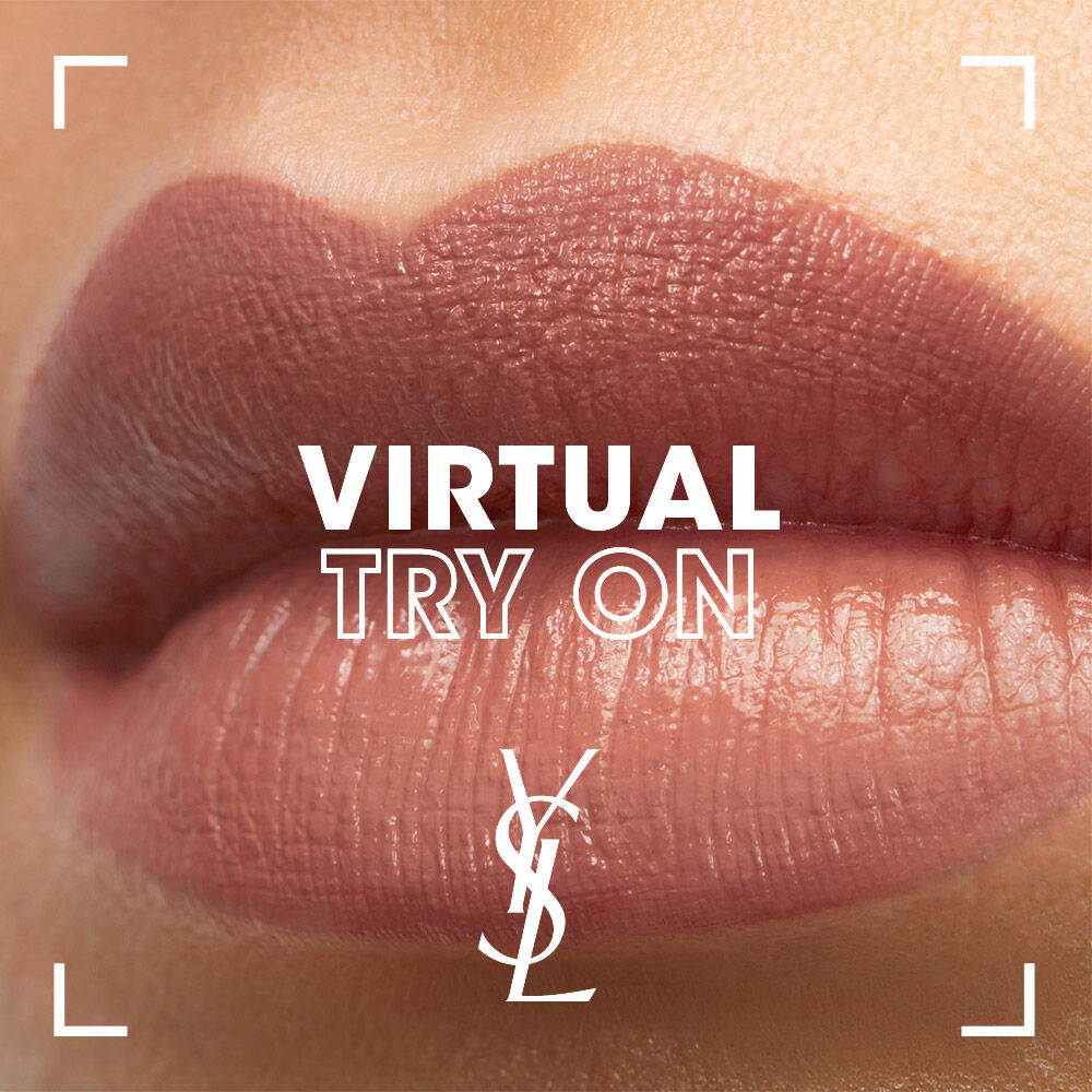 A close-up of a woman's lips, one side with a nude lipstick and the other side with a bright pink lipstick. The text "VIRTUAL TRY ON" is displayed in the corner.