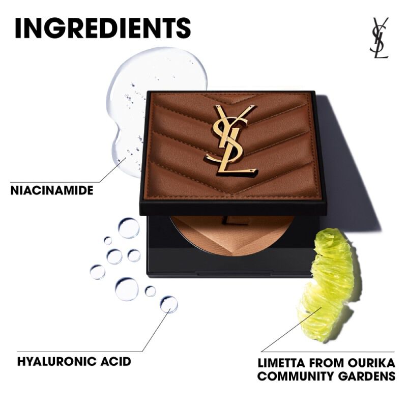 Alt text: "An elegant compact featuring a smooth powder with the YSL logo, highlighting ingredients: niacinamide, hyaluronic acid, and limetta from Ourika community gardens, promoting natural origin and skin benefits."