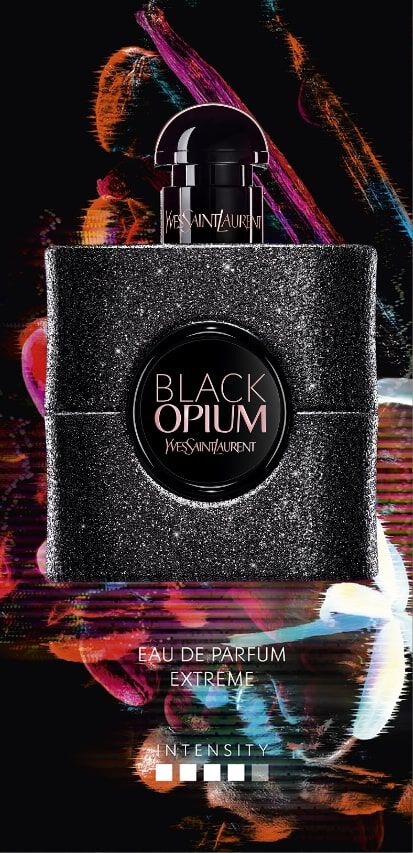 A sleek black perfume bottle with a glittery finish, labeled "Black Opium" by Yves Saint Laurent, set against a colorful abstract background.