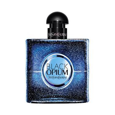 A sparkling blue glass perfume bottle with a black cap, featuring the label "Black Opium" by Yves Saint Laurent.