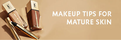 Two bottles of foundation and an eyeliner pencil set against a beige background, with the text "Makeup Tips for Mature Skin" displayed prominently.