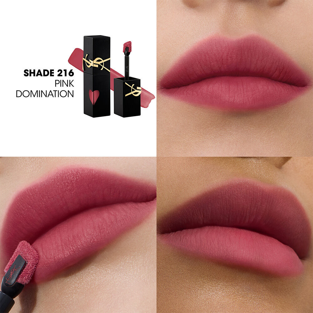Collage showing the YSL lip stain bottle and texture swatch (top-left) alongside three close-up lip swatches on different skin tones, including one being applied with the wand.