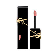 Glossy black YSL lip stain bottle next to its open cap and applicator brush, displayed in front of a shiny liquid texture swatch.
