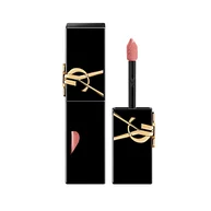 Glossy black YSL lip stain bottle next to its open cap and applicator brush, displayed in front of a shiny liquid texture swatch.