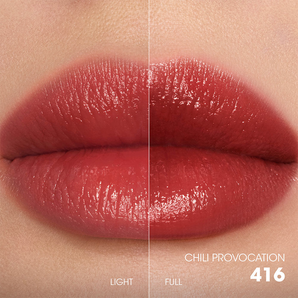 Split-screen lip swatch comparison showing a soft, diffused "Light" application on the left and a bold, saturated "Full" application on the right.