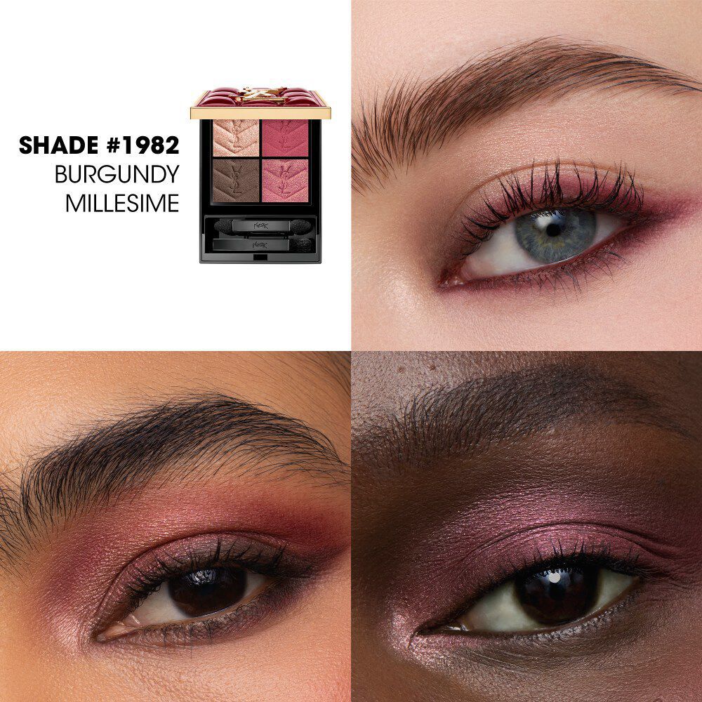 Eye makeup close-ups showing shade #1982 Burgundy Millesime applied on different skin tones.