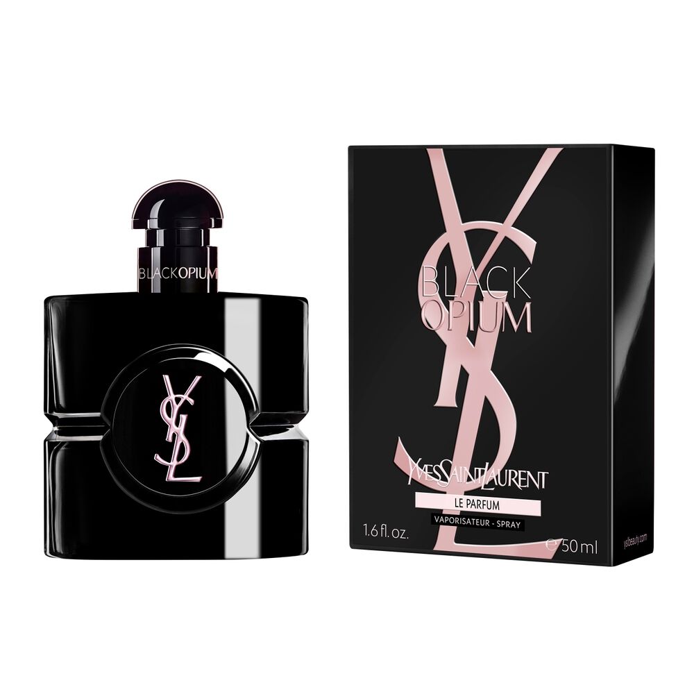 Black Opium Le Parfum bottle next to its black box featuring the pink YSL Cassandre.