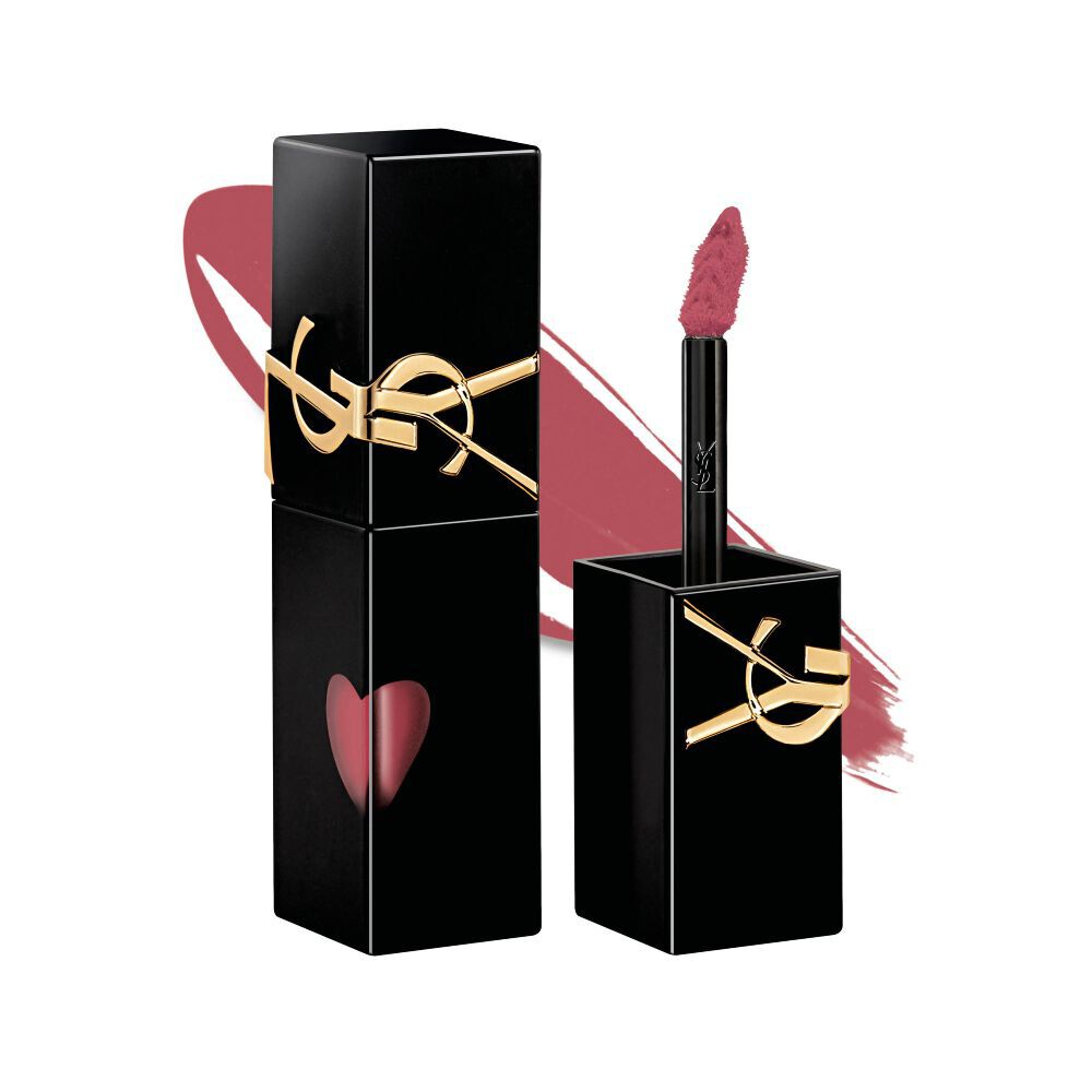 Glossy black YSL lip stain bottle next to its open cap and applicator brush, displayed in front of a shiny liquid texture swatch.