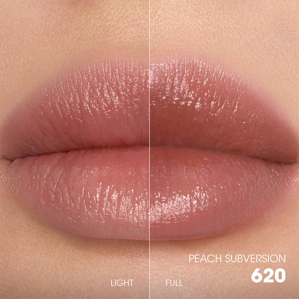 Split-screen lip swatch comparison showing a soft, diffused "Light" application on the left and a bold, saturated "Full" application on the right.