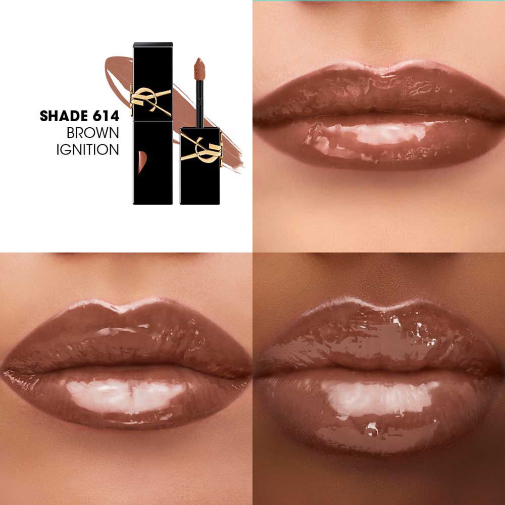 Collage showing the YSL lip stain bottle and texture swatch (top-left) alongside three close-up lip swatches on different skin tones, including one being applied with the wand.
