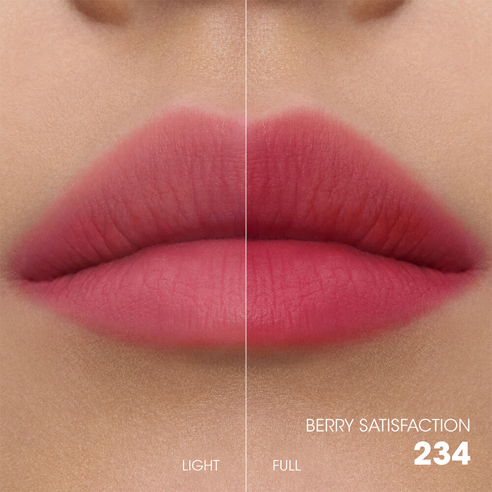 Split-screen lip swatch comparison showing a soft, diffused "Light" application on the left and a bold, saturated "Full" application on the right.