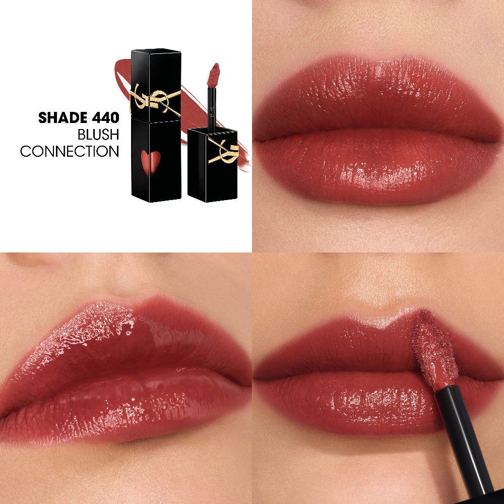 Collage showing the YSL lip stain bottle and texture swatch (top-left) alongside three close-up lip swatches on different skin tones, including one being applied with the wand.