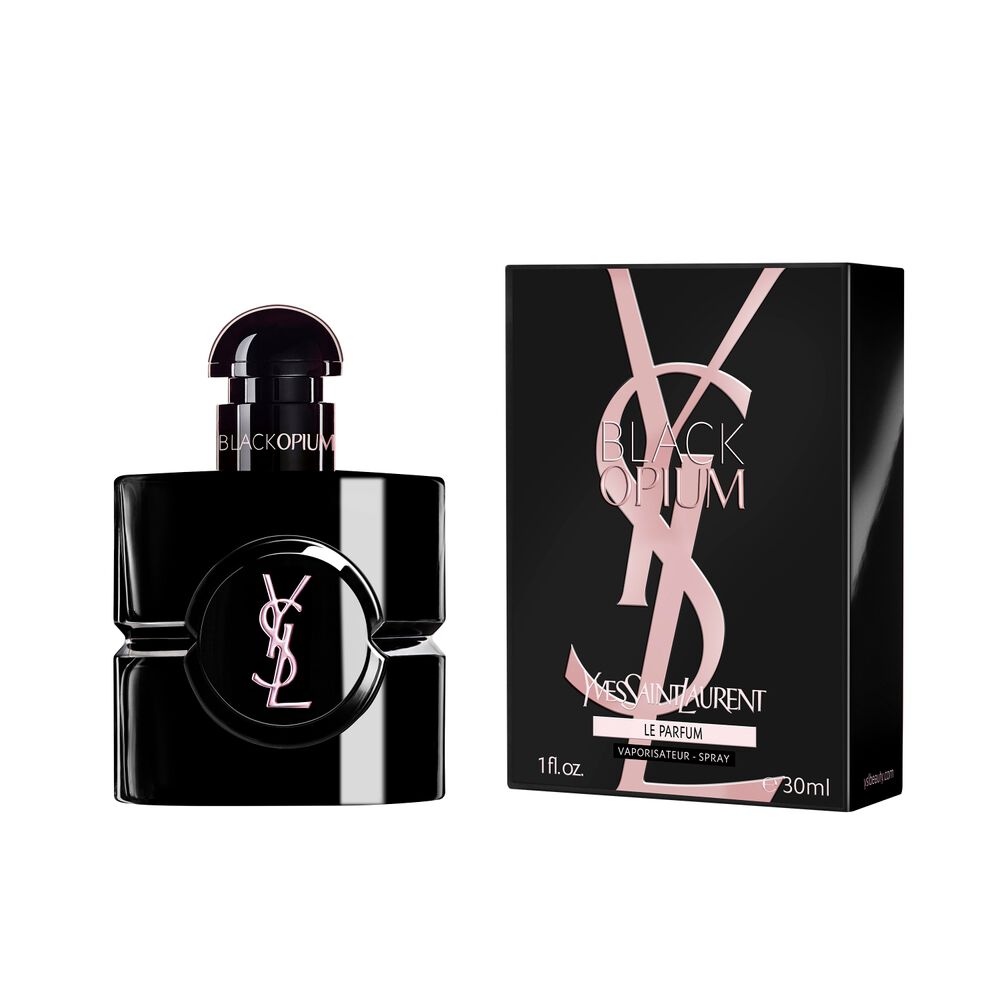 Black Opium Le Parfum bottle next to its black box featuring the pink YSL Cassandre.