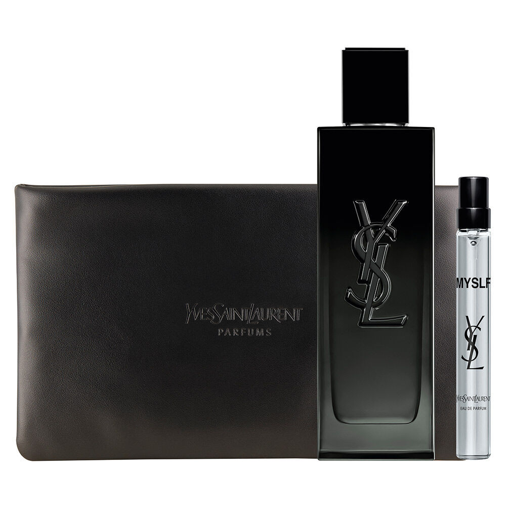MYSLF Eau de Parfum Holiday set with fragrance bottle, travel size, and couture pouch in a YSL box.