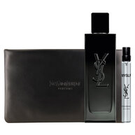 MYSLF Eau de Parfum Holiday set with fragrance bottle, travel size, and couture pouch in a YSL box.